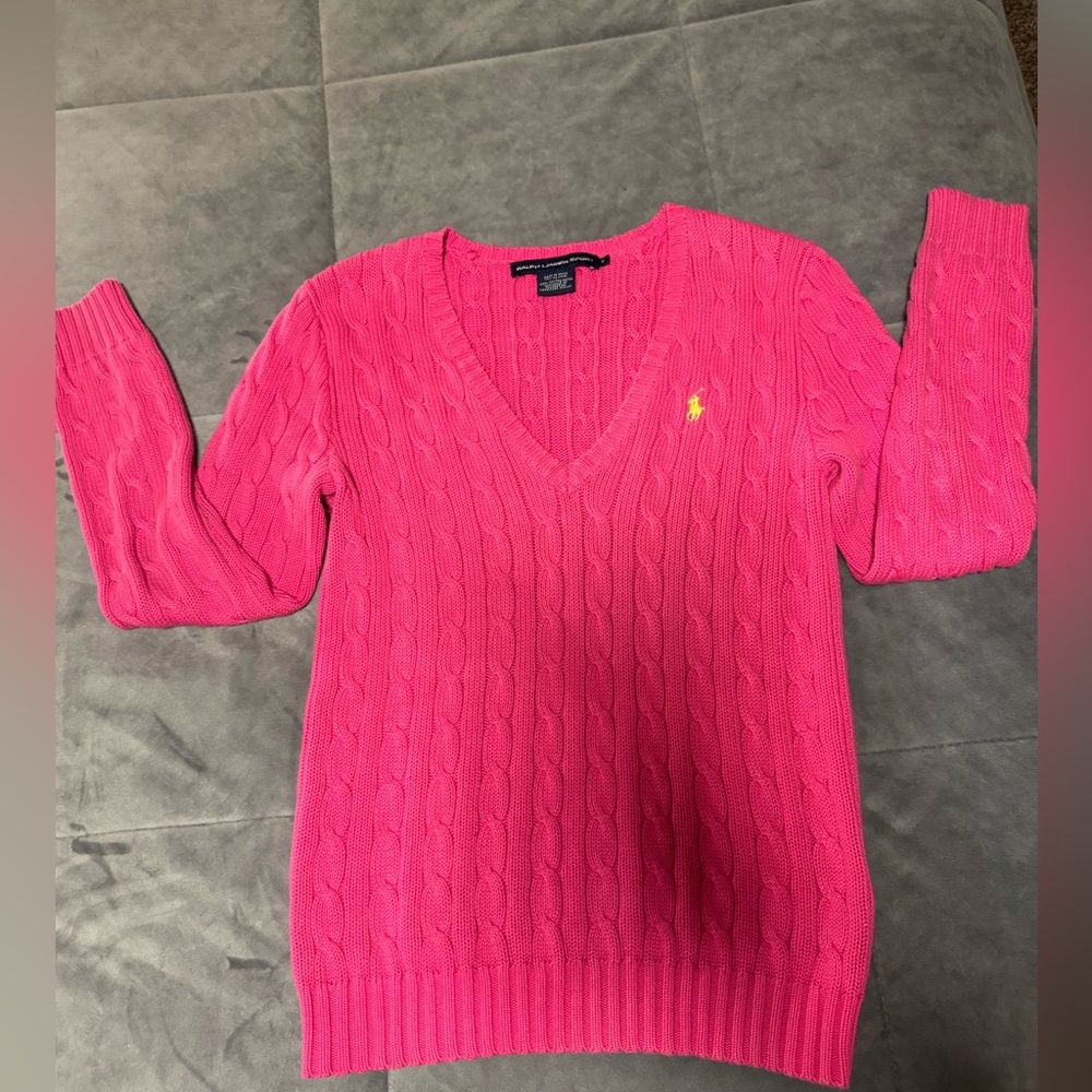 Ralph Lauren Bright Pink V-Neck Cable knit Sweater